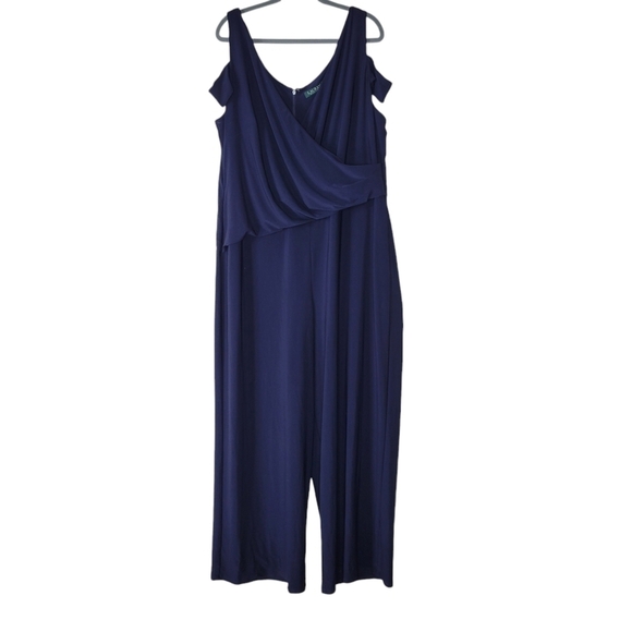 Lauren Ralph Lauren Jumpsuit Size 20W Navy Cold Shoulder Wide Leg Jersey Stretch - Picture 2 of 6